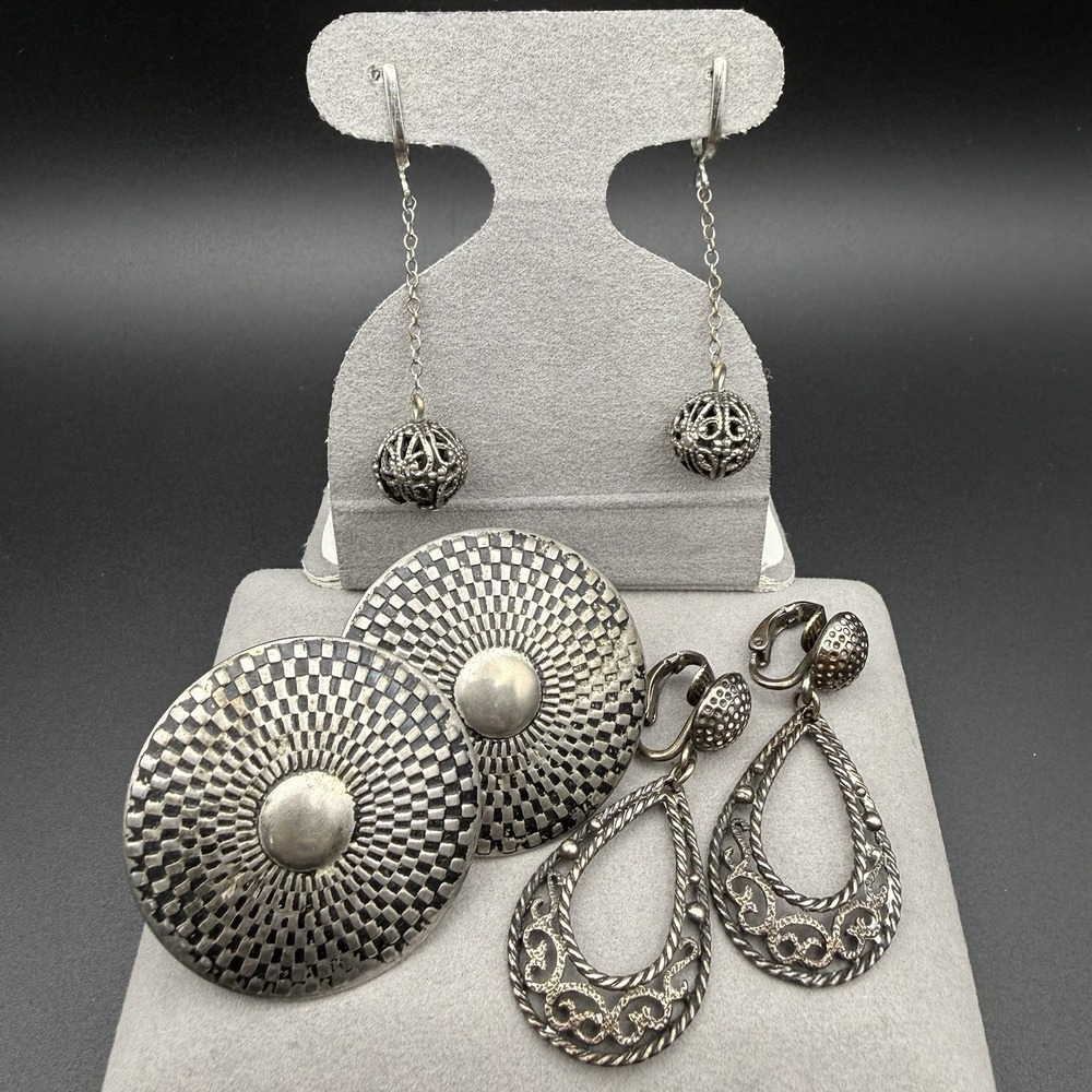 Vintage Silver Tone Geometric Clip On Earrings Lot of 3 Minimal Boho Statement